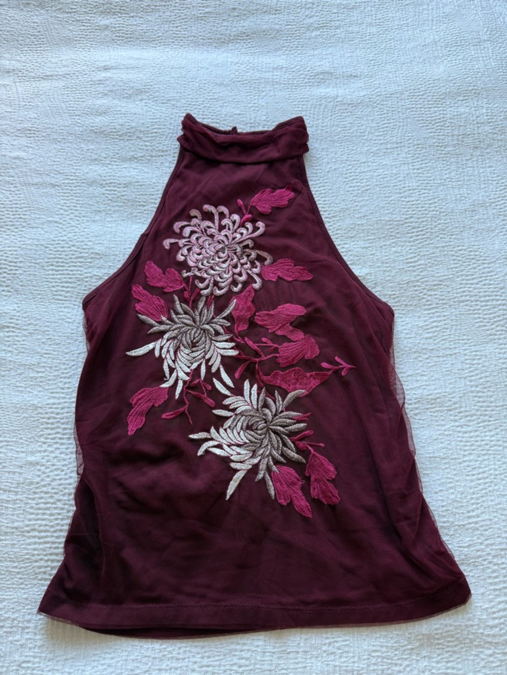 Anthropologie Burgundy Halter Camisole with Pink and Cream Floral Embroidery